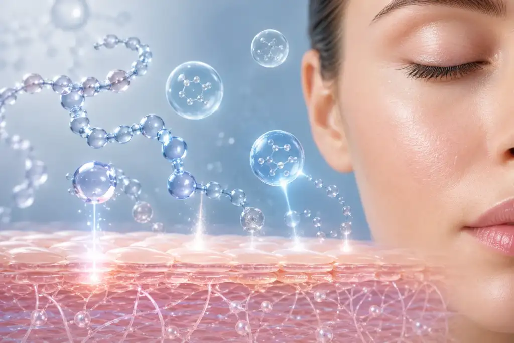 Péptidos biomiméticos y biotecnología aplicada al cuidado de la piel Ilustración científica de péptidos biomiméticos interactuando con las capas de la piel para estimular la regeneración celular y la producción de colágeno.