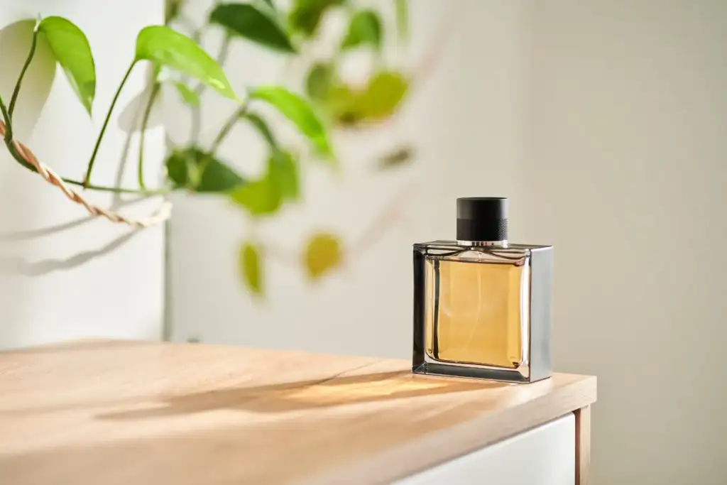 Frasco de perfume elegante en ambiente minimalista Frasco de perfume de diseño elegante colocado sobre una mesa de madera con plantas decorativas al fondo y luz natural.