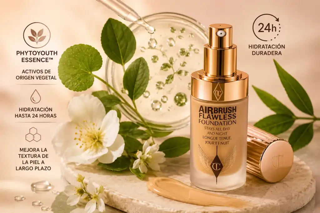 Base de maquillaje Charlotte Tilbury Airbrush Flawless Foundation con ingredientes botánicos y complejo Phytoyouth Essence para hidratación y cuidado de la piel.