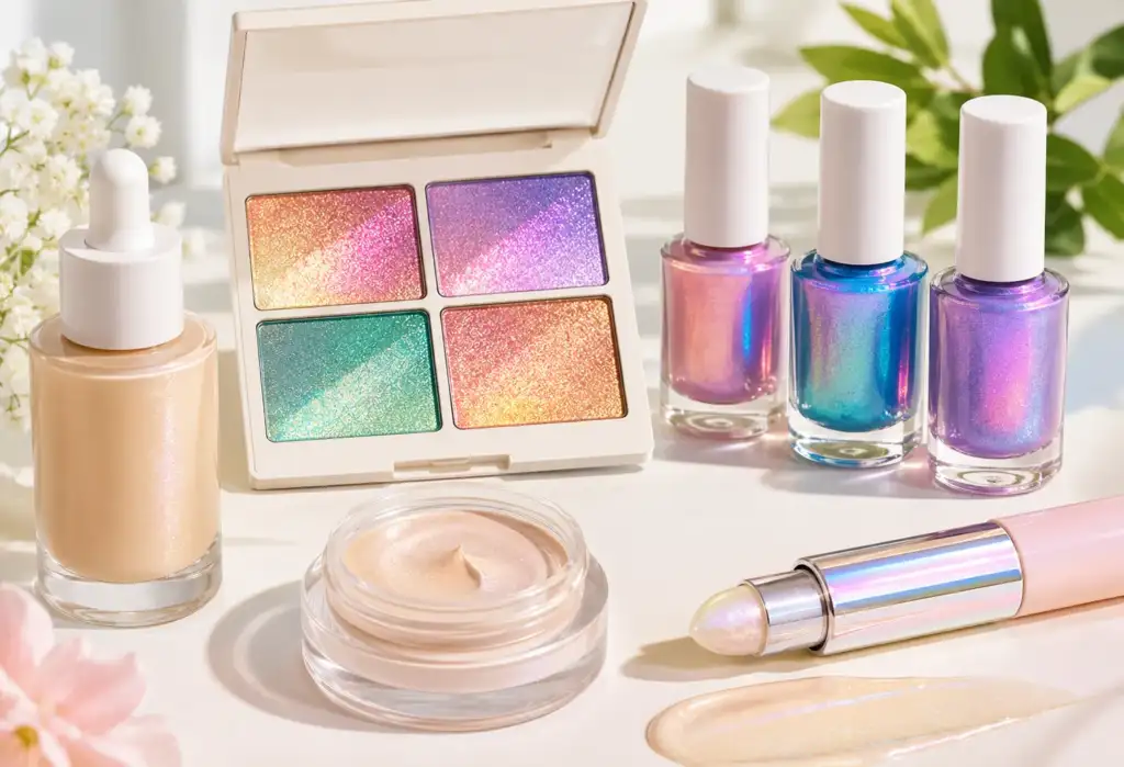 Productos cosméticos con pigmentos adaptativos, incluyendo sombras duocromáticas, esmaltes fotocromáticos y maquillaje con efectos iridiscentes.