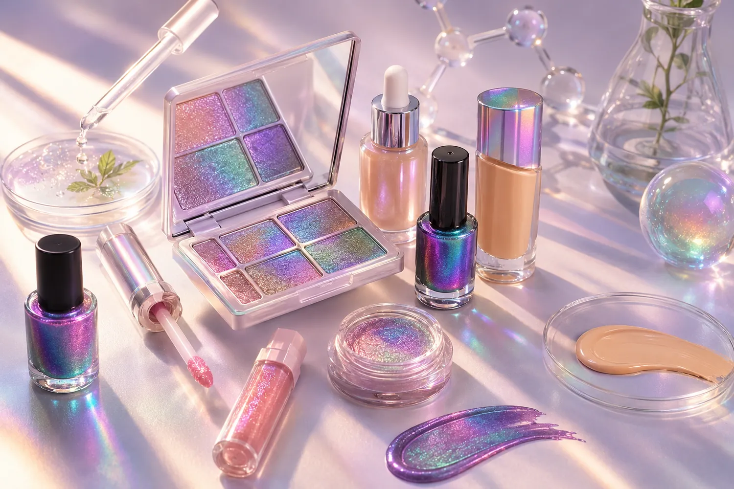 Productos de maquillaje con pigmentos adaptativos e iridiscentes junto a elementos de laboratorio que representan la innovación cosmética de 2026.