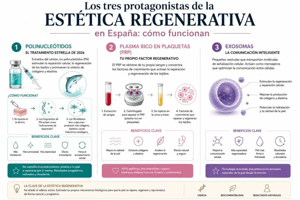 Infografía sobre los polinucleótidos y otros tratamientos de estética regenerativa, mostrando cómo estimulan la producción de colágeno, elastina y la reparación celular.