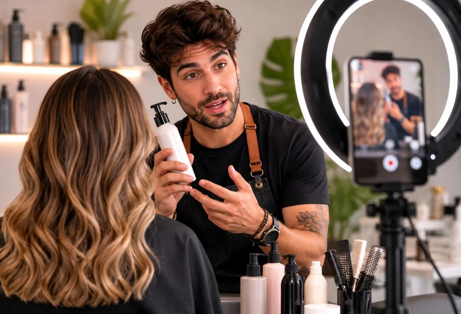 Peluquero profesional grabando un vídeo para redes sociales mientras recomienda un producto capilar en un salón de peluquería.