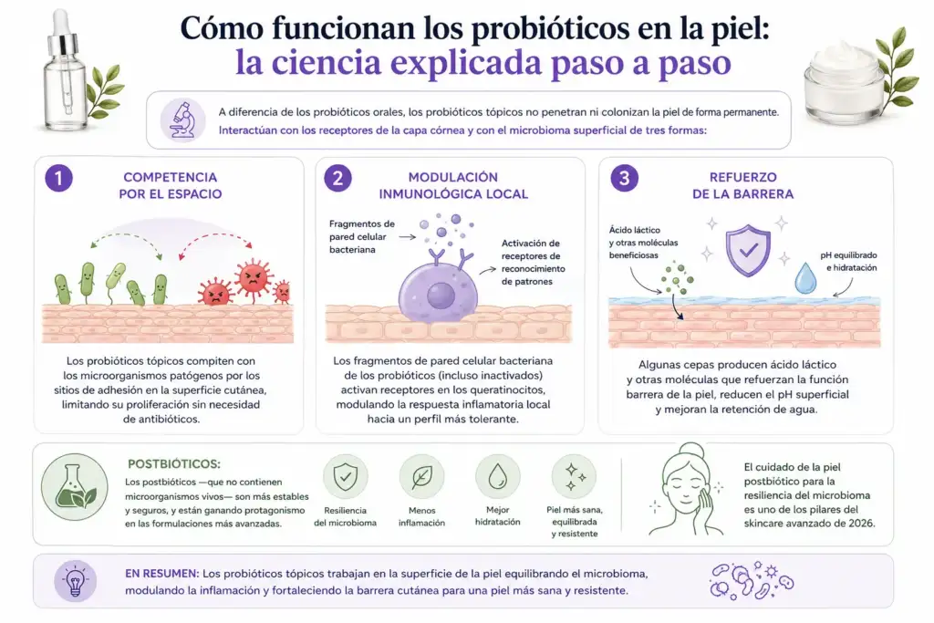 Cómo funcionan los probióticos en la piel: ciencia y microbioma cutáneo Infografía que explica cómo los probióticos tópicos actúan sobre el microbioma de la piel, la inflamación y la función barrera