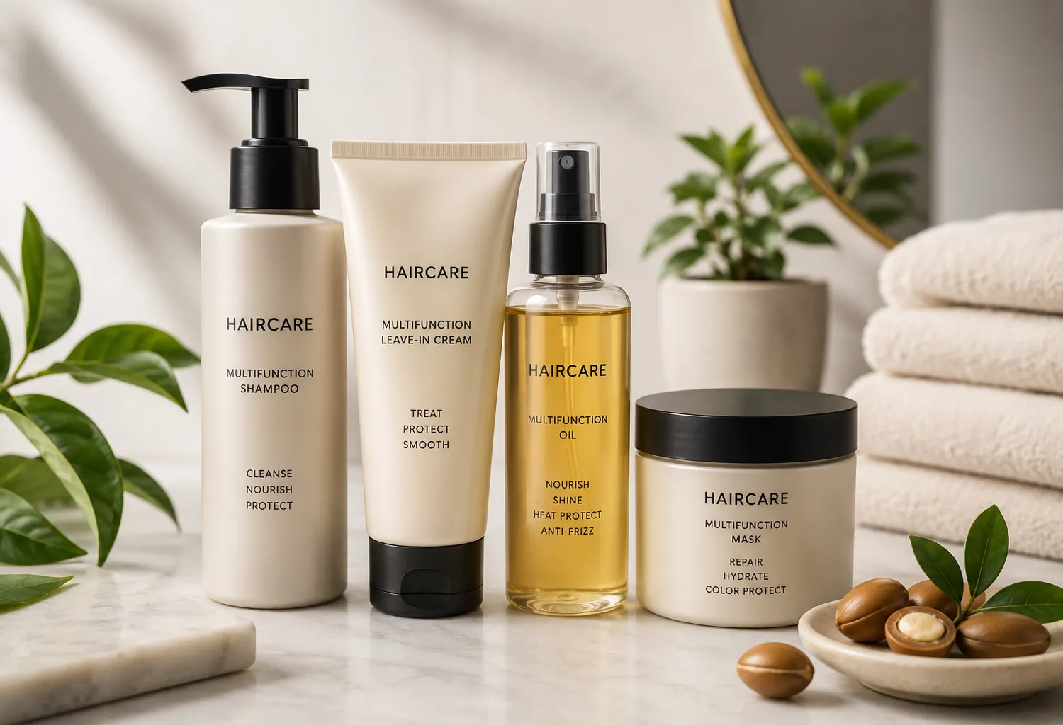 Productos multifunción para el cuidado del cabello, incluyendo champú, crema sin aclarado, aceite capilar y mascarilla, diseñados para limpiar, reparar, proteger y aportar brillo en un solo tratamiento.