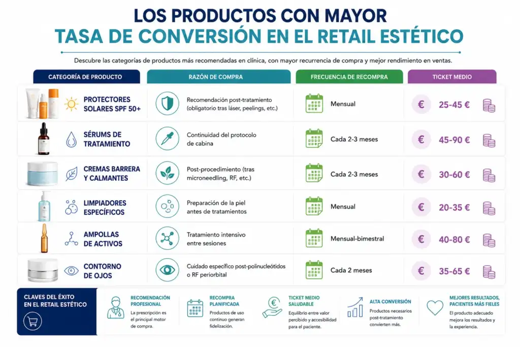 Productos con mayor tasa de conversión en el retail estético en 2026 Infografía sobre los productos con mayor tasa de conversión en el retail estético, incluyendo protectores solares SPF 50+, sérums de tratamiento, cremas barrera, limpiadores específicos, ampollas de activos y contornos de ojos.