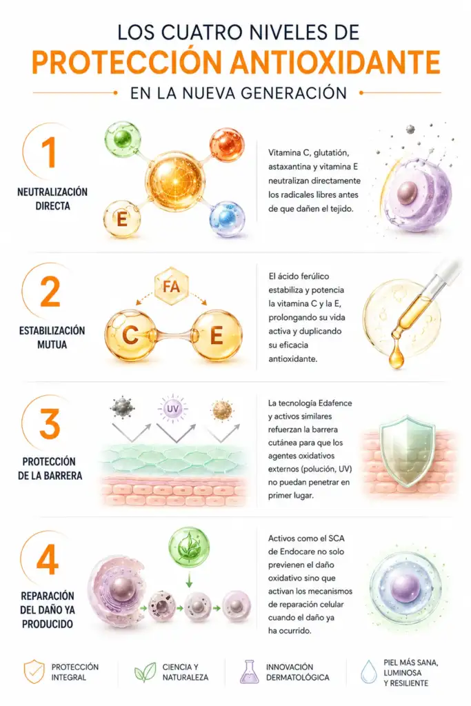 Los cuatro niveles de protección antioxidante en la nueva generación Infografía sobre los cuatro niveles de protección antioxidante en cosmética avanzada: neutralización directa, estabilización mutua, protección de la barrera cutánea y reparación del daño oxidativo celular.