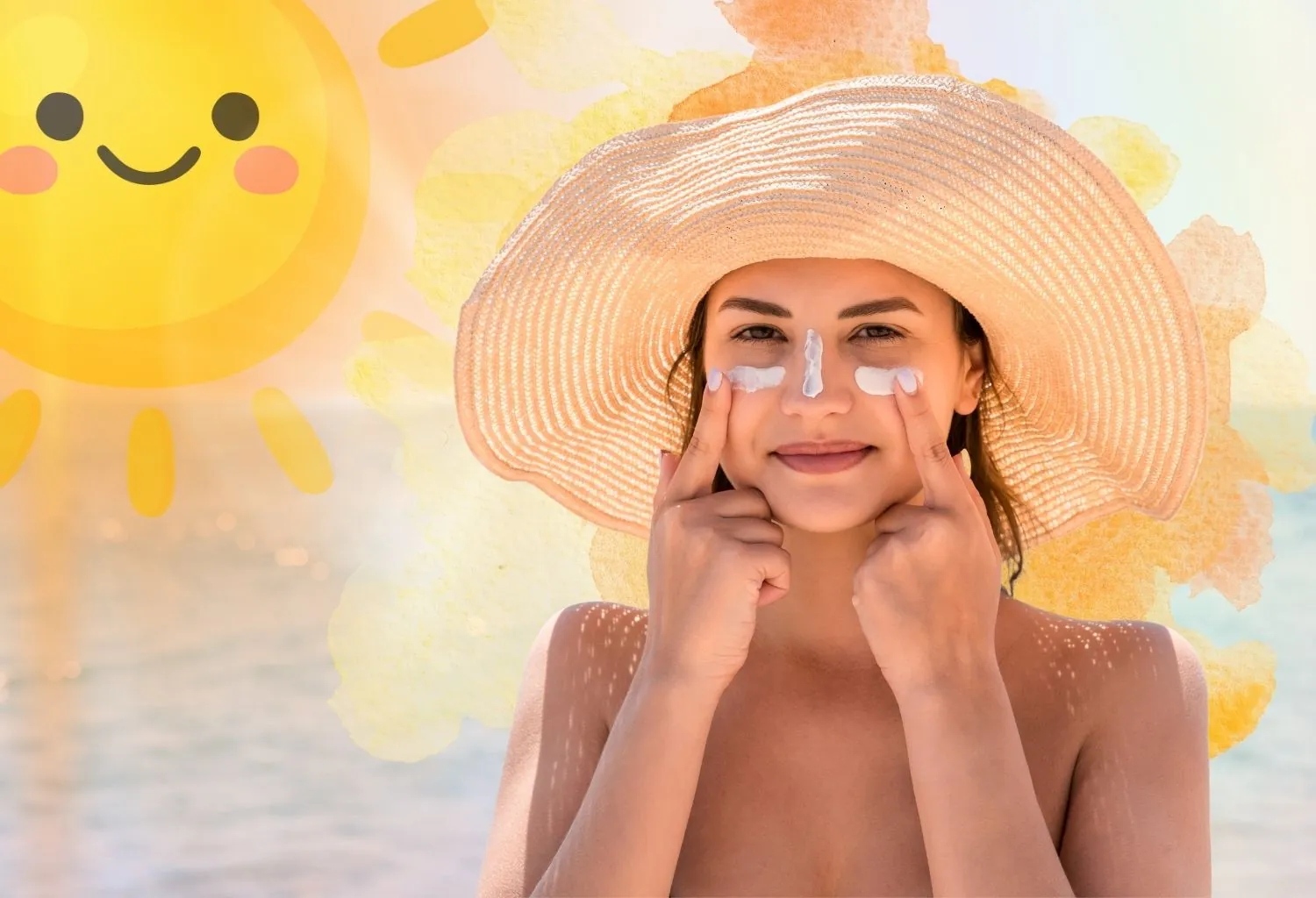 Mujer aplicándose protector solar facial mientras disfruta de un día soleado en la playa con sombrero de ala ancha.