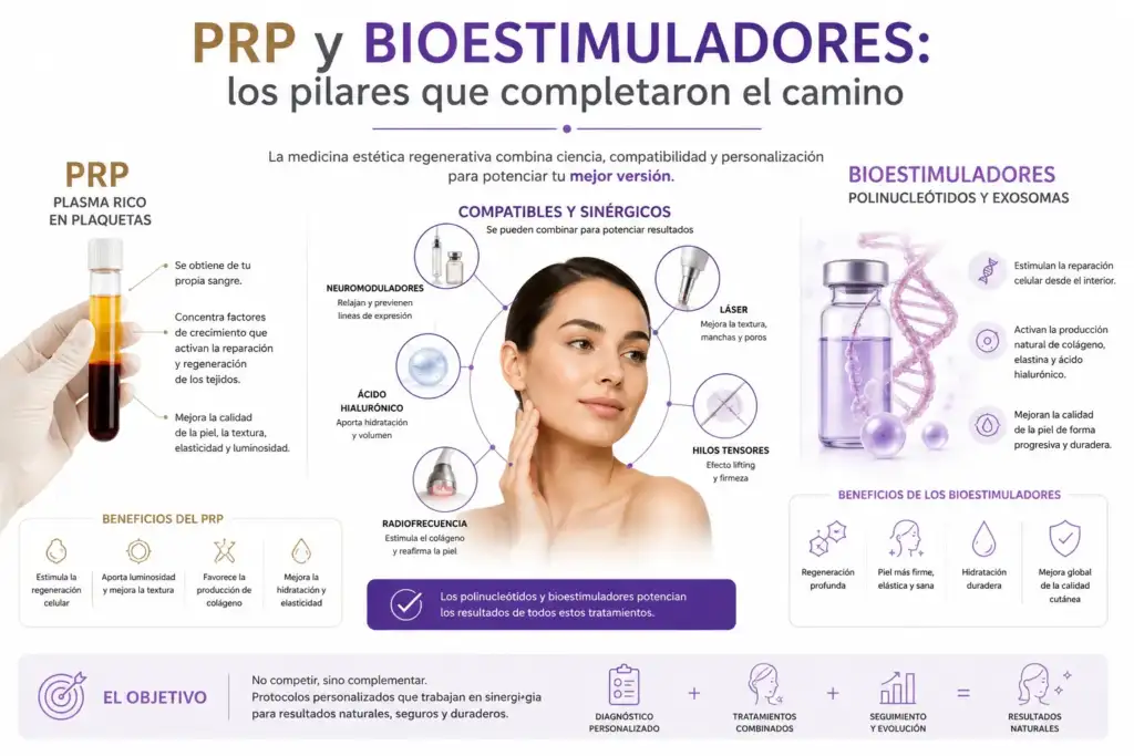 Infografía sobre PRP y bioestimuladores que explica cómo estos tratamientos regenerativos mejoran la calidad de la piel y potencian otros procedimientos de medicina estética.