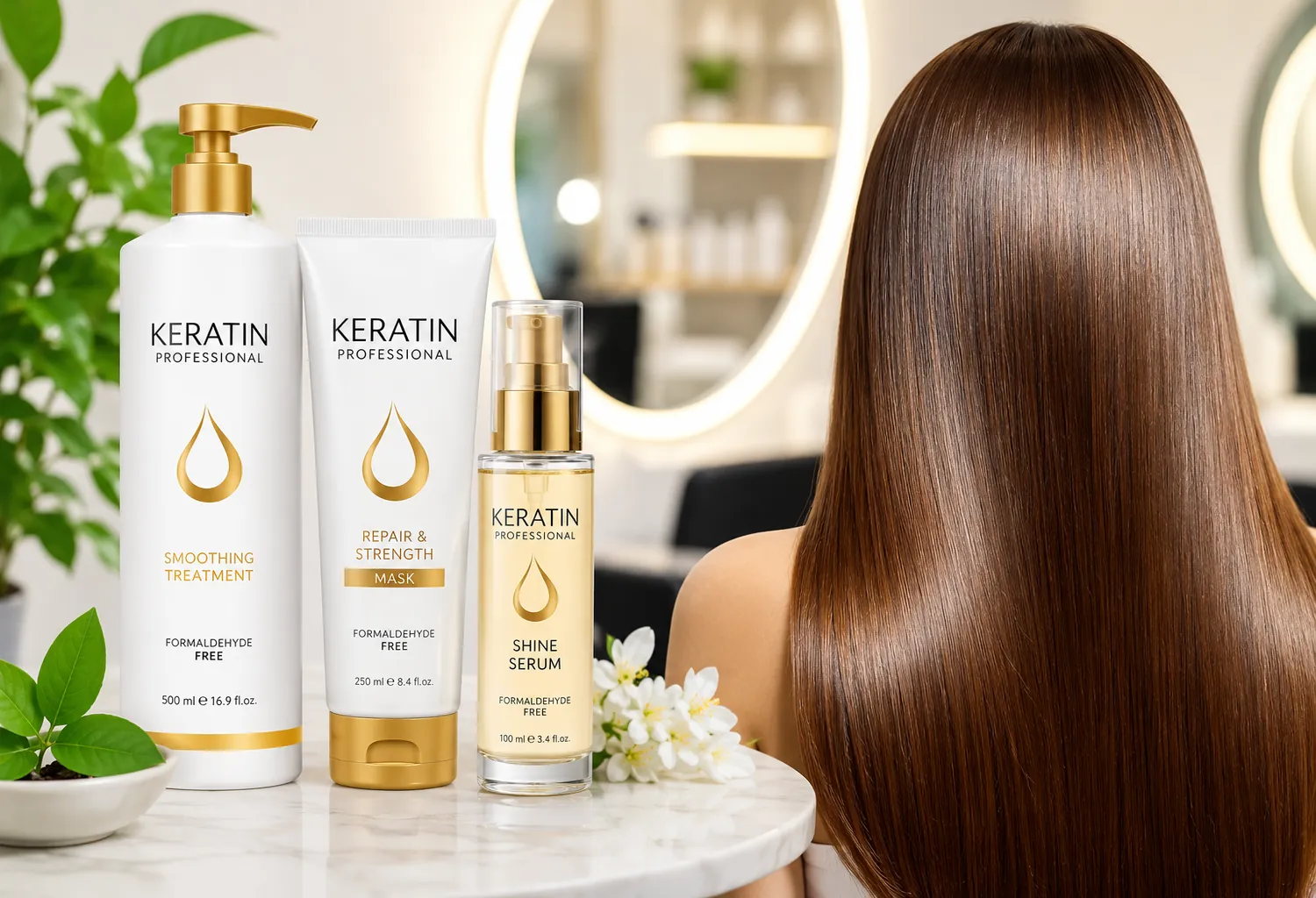 Productos profesionales de queratina de nueva generación junto a un cabello liso, brillante y saludable tras un tratamiento de reparación capilar.