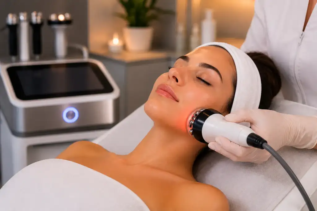 Radiofrecuencia facial de nueva generación para estimular el colágeno Tratamiento facial con radiofrecuencia multipolar realizado en cabina estética para estimular la producción de colágeno y mejorar la firmeza de la piel.