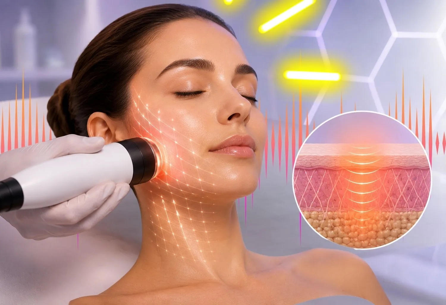 Tratamiento de radiofrecuencia facial aplicado sobre el rostro con representación gráfica del calentamiento profundo de la piel y estimulación del colágeno.