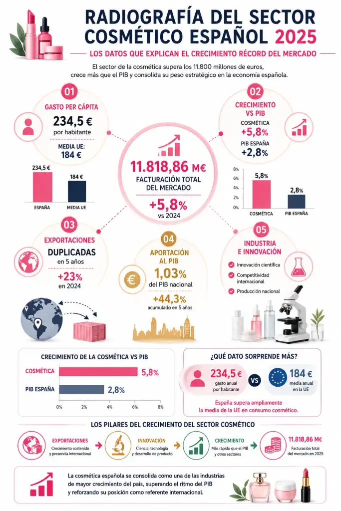 Radiografía del sector cosmético español 2025 Infografía sobre la radiografía del sector cosmético español en 2025 con datos de facturación, crecimiento, exportaciones, gasto per cápita y aportación al PIB.