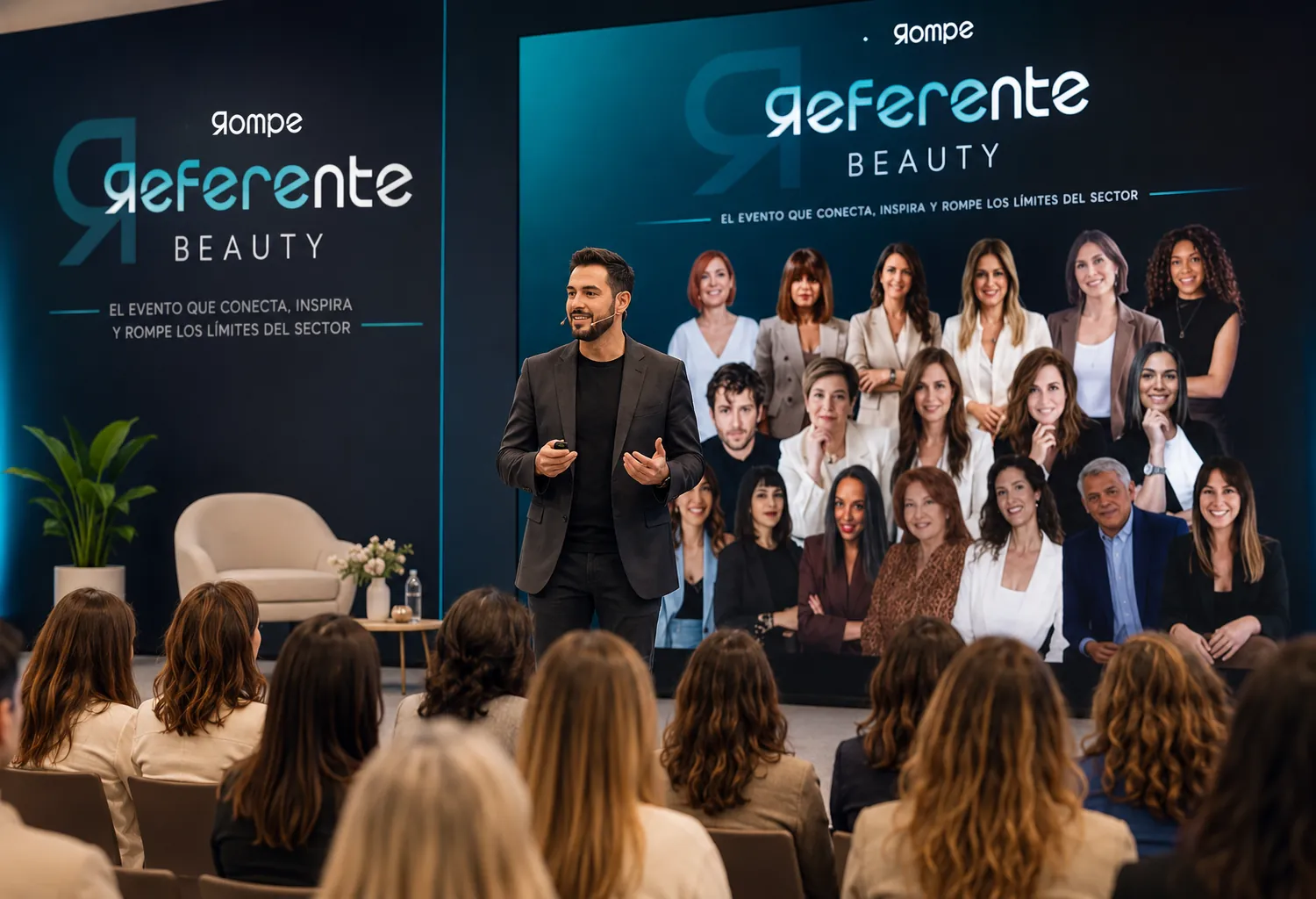 Ponente durante una conferencia de Referente Beauty ante profesionales del sector de la estética y la belleza.