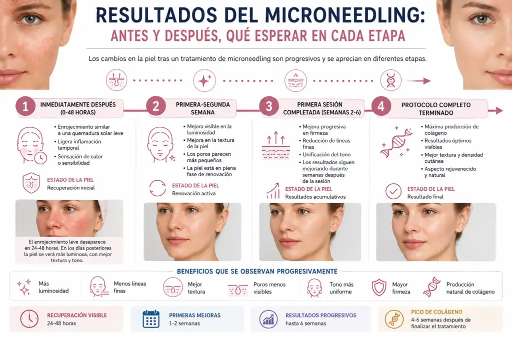Resultados del microneedling antes y después por etapas Infografía sobre los resultados del microneedling que muestra la evolución de la piel desde las primeras 48 horas hasta varias semanas después del tratamiento.