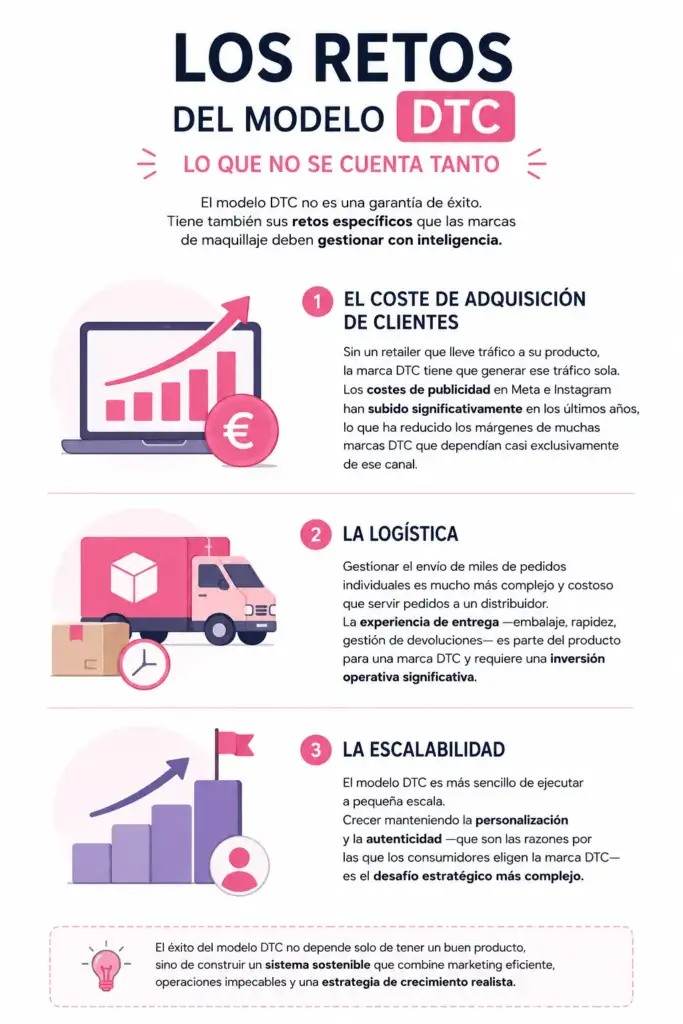Los retos del modelo DTC en maquillaje y cosmética Infografía que muestra los principales retos del modelo DTC, incluyendo adquisición de clientes, logística y escalabilidad.