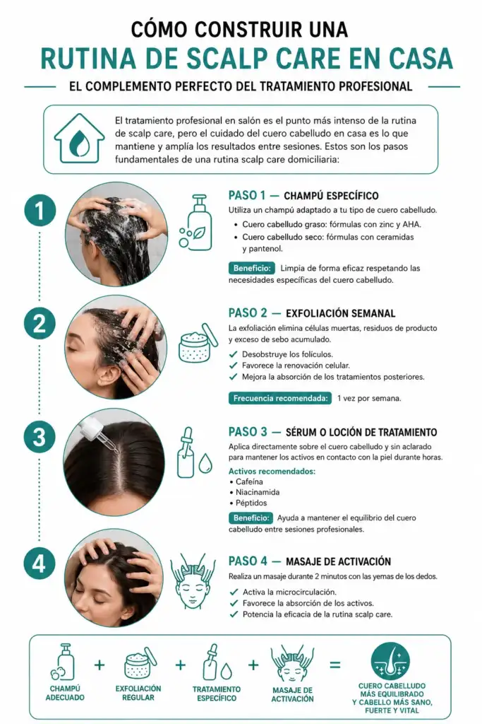 Infografía sobre una rutina de scalp care en casa con champú específico, exfoliación semanal, sérum de tratamiento y masaje de activación del cuero cabelludo.