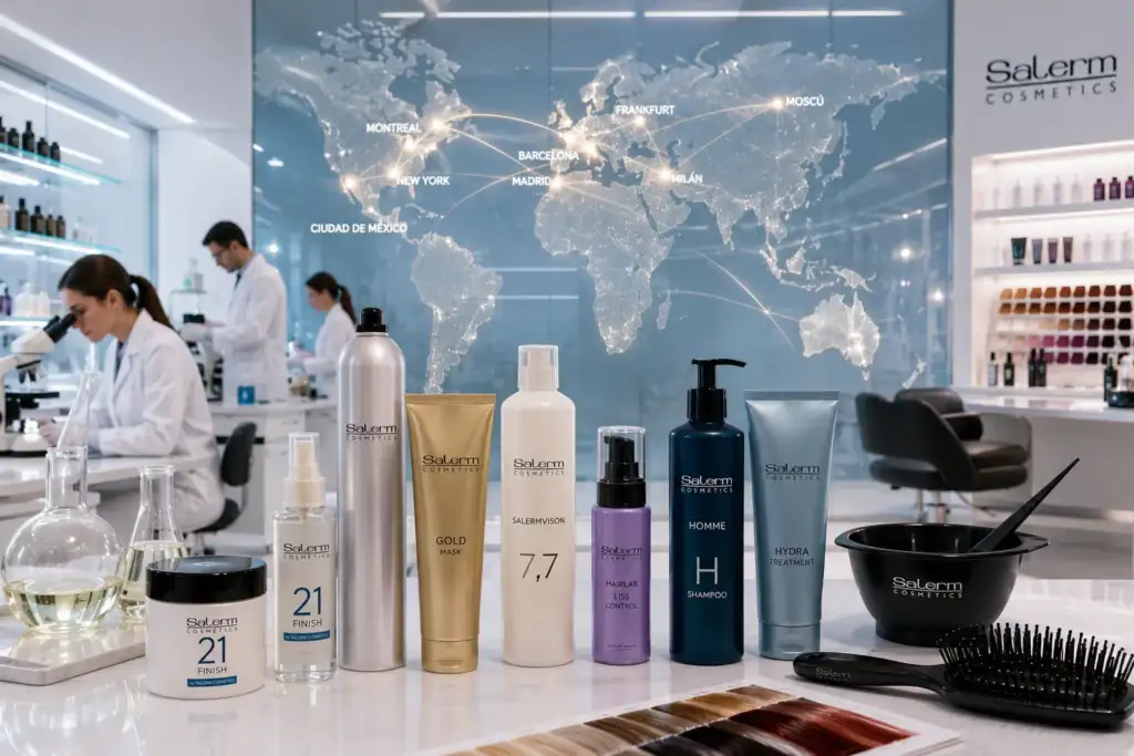 Salerm Cosmetics: innovación capilar española con presencia internacional Productos de Salerm Cosmetics en un laboratorio de investigación capilar con un mapa mundial que representa su presencia internacional.