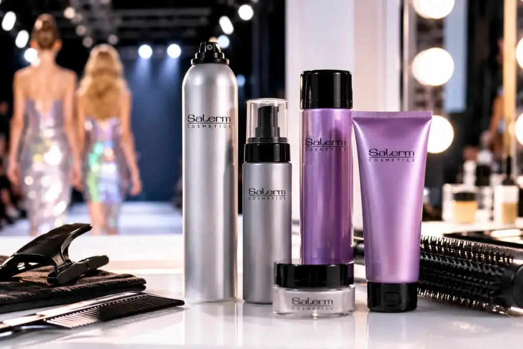 Productos de styling Salerm Cosmetics en backstage de pasarela Productos de styling y acabado de Salerm Cosmetics utilizados en backstage de una pasarela de moda profesional.
