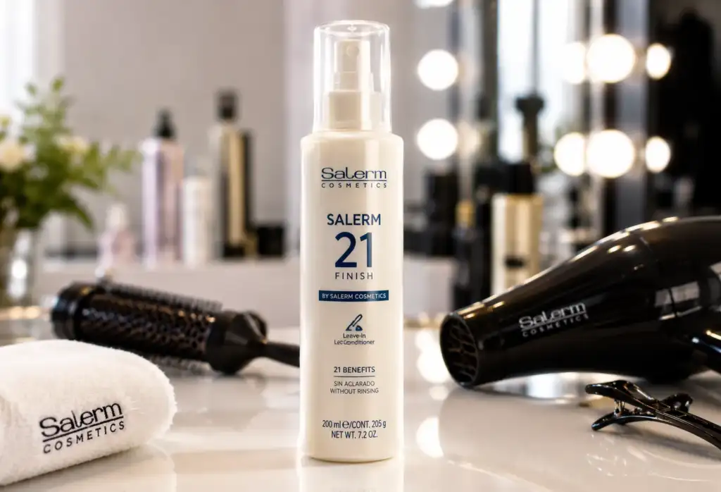 Salerm 21: tratamiento capilar sin aclarado más vendido de Salerm Cosmetics Botella de Salerm 21 en un entorno profesional de peluquería junto a herramientas de styling y secado.
