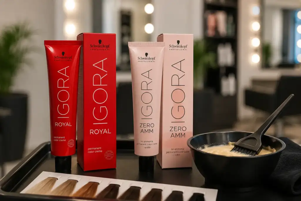 Schwarzkopf Igora Royal e Igora Zero AMM en peluquería profesional Productos de coloración profesional Schwarzkopf Igora Royal e Igora Zero AMM junto a herramientas de coloración en un salón de peluquería.