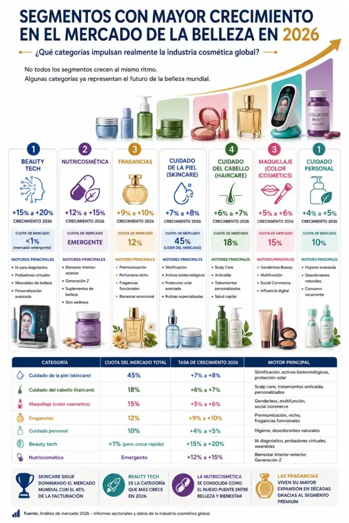 Segmentos con mayor crecimiento en el mercado de la belleza en 2026 Infografía sobre los segmentos con mayor crecimiento en el mercado global de la belleza en 2026, incluyendo skincare, haircare, maquillaje, fragancias, beauty tech, cuidado personal y nutricosmética.
