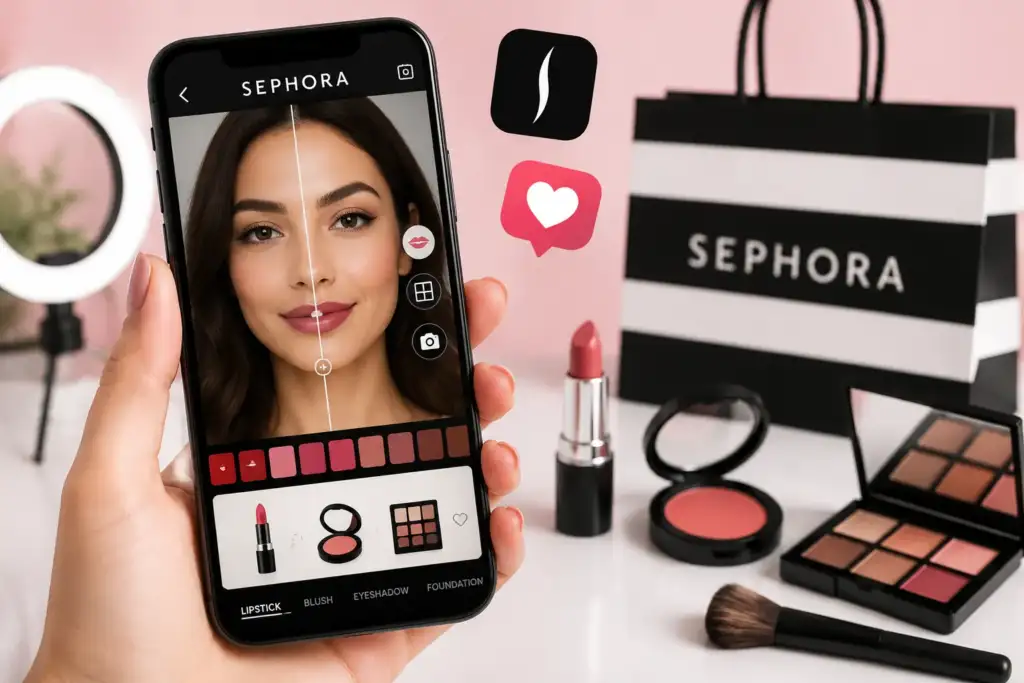 Sephora Virtual Artist y la revolución del maquillaje con realidad aumentada Aplicación Sephora Virtual Artist mostrando una prueba virtual de maquillaje mediante reconocimiento facial y realidad aumentada.