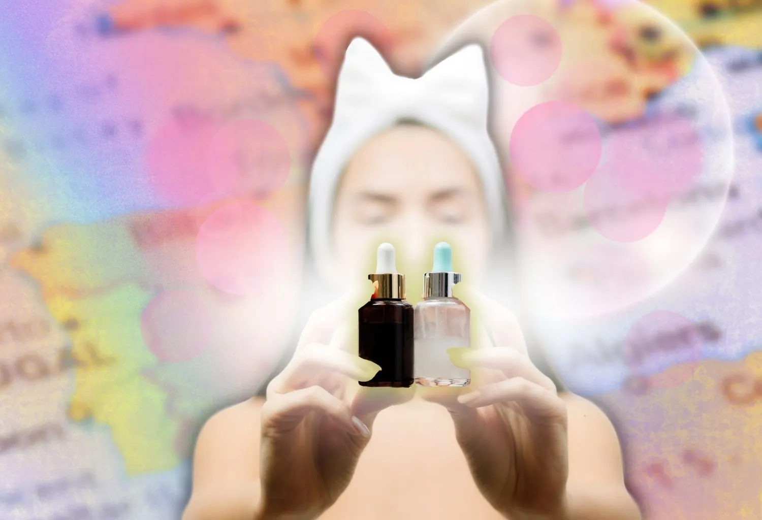 Persona sosteniendo dos sérums cosméticos antioxidantes frente a un fondo creativo de inspiración científica y dermatológica relacionado con el cuidado avanzado de la piel.