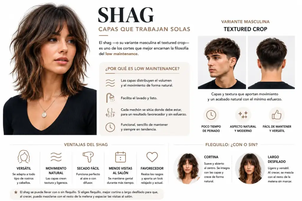 Infografía sobre el corte Shag y su variante masculina Textured Crop, destacando sus ventajas como peinado de bajo mantenimiento y estilo natural.