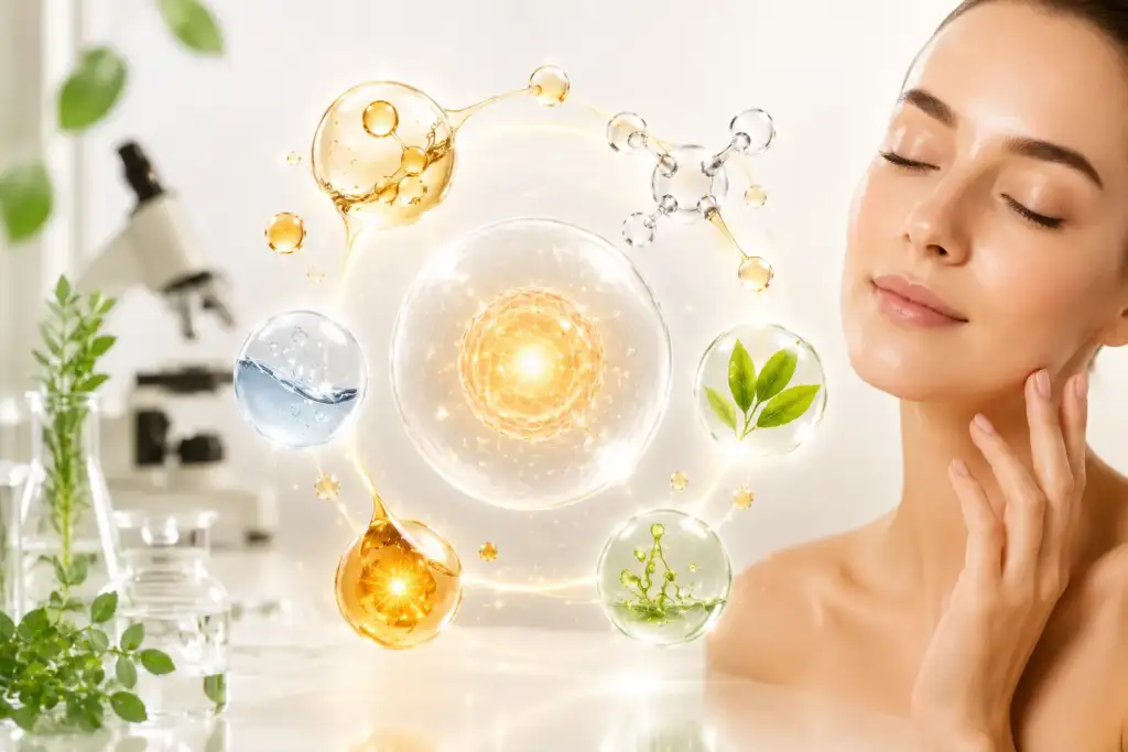 Sinergia antioxidante en cosmética avanzada y protección celular Representación visual de la sinergia antioxidante en cosmética con diferentes activos complementarios protegiendo una célula y mejorando la salud de la piel.
