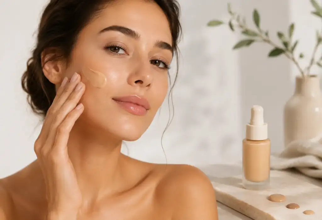 Skin tint y BB cream: maquillaje efecto piel real Mujer aplicando skin tint sobre el rostro con acabado natural y luminoso junto a una base ligera de maquillaje en un entorno minimalista.