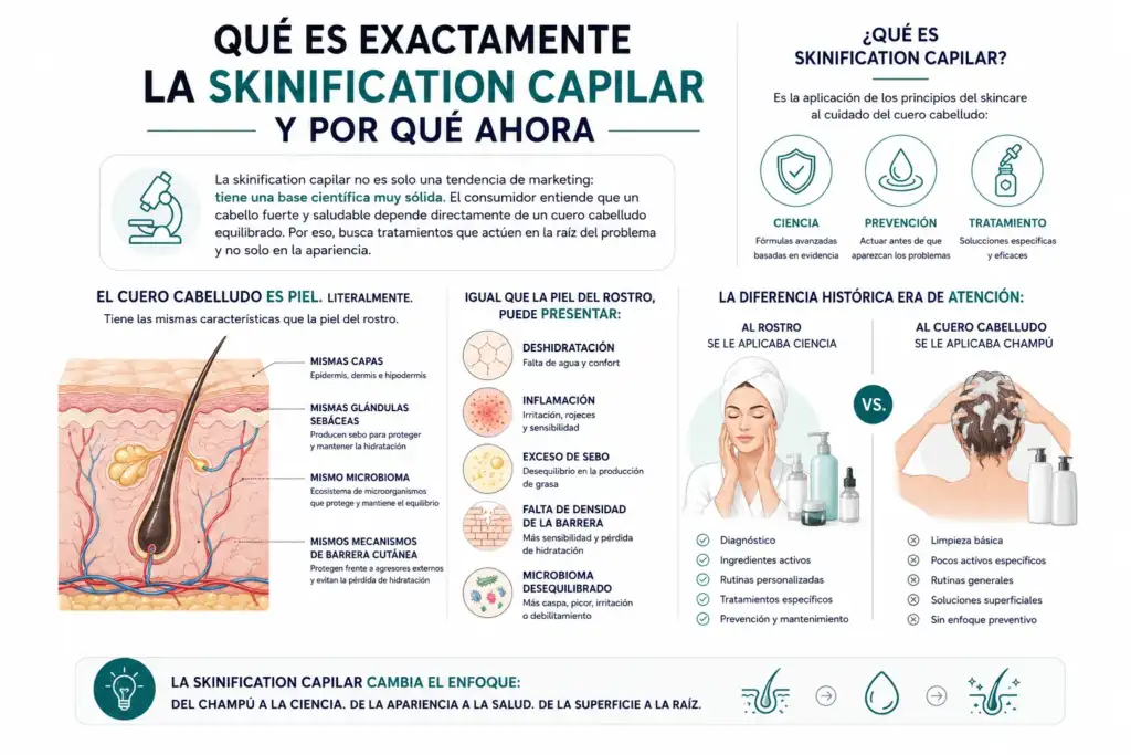 Skinification capilar: qué es y por qué transforma el cuidado del cabello Infografía sobre la skinification capilar que explica cómo los principios del skincare se aplican al cuidado del cuero cabelludo para lograr un cabello más fuerte y saludable.