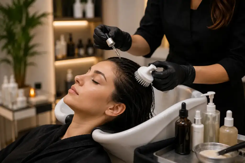 Tratamiento profesional de skinification capilar en salón de peluquería Cliente recibiendo un tratamiento profesional de cuero cabelludo con sérum y masajeador capilar en un salón de peluquería.