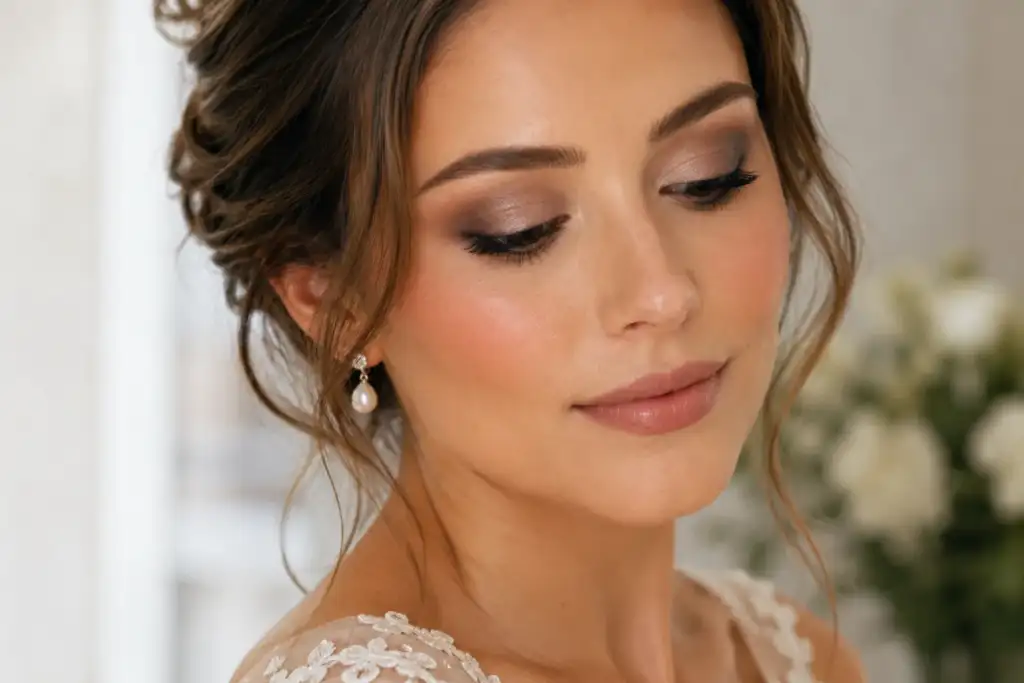 Maquillaje nupcial soft smoke con acabado natural y sofisticado Novia con maquillaje soft smoke en tonos topo y marrones suaves, piel luminosa y acabado natural inspirado en las tendencias nupciales de 2026.