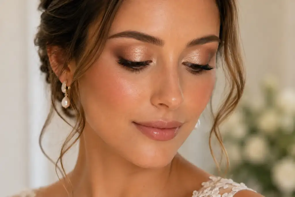 Sombras metalizadas sutiles para maquillaje nupcial con efecto luminoso Novia con maquillaje de ojos en tonos champán y oro rosado, acabado luminoso y sombras metalizadas sutiles inspiradas en las tendencias nupciales de 2026.