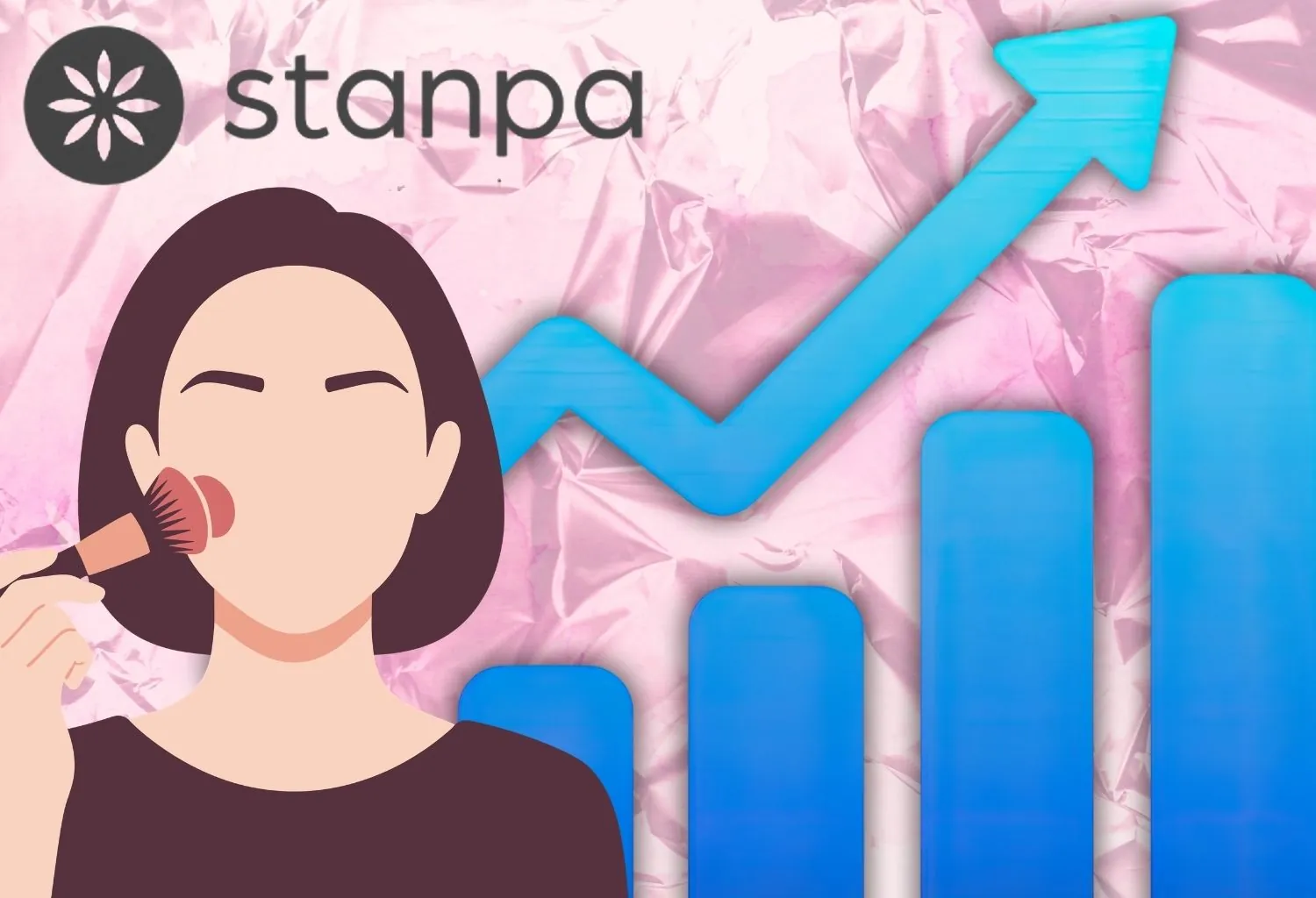 Ilustración sobre el crecimiento del mercado cosmético español con gráfico ascendente, barras de crecimiento y referencia al informe Stanpa 2025.
