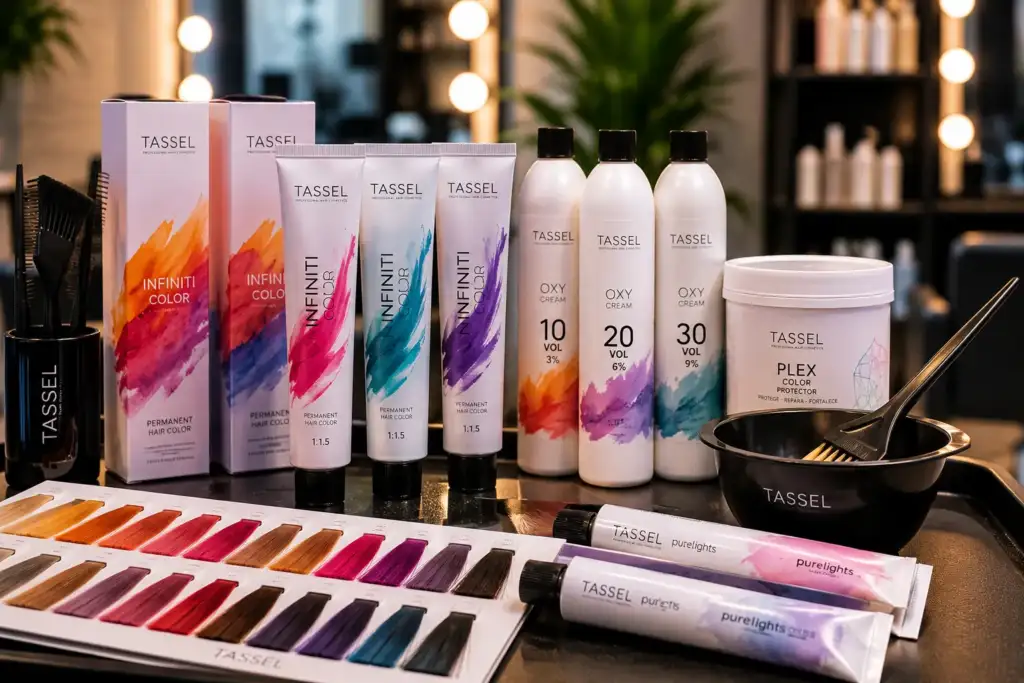 Tassel Professional Hair Cosmetics para coloración artística y creativa Productos profesionales Tassel para coloración capilar creativa con tintes, oxidantes, tratamientos protectores y carta de colores en salón de peluquería.