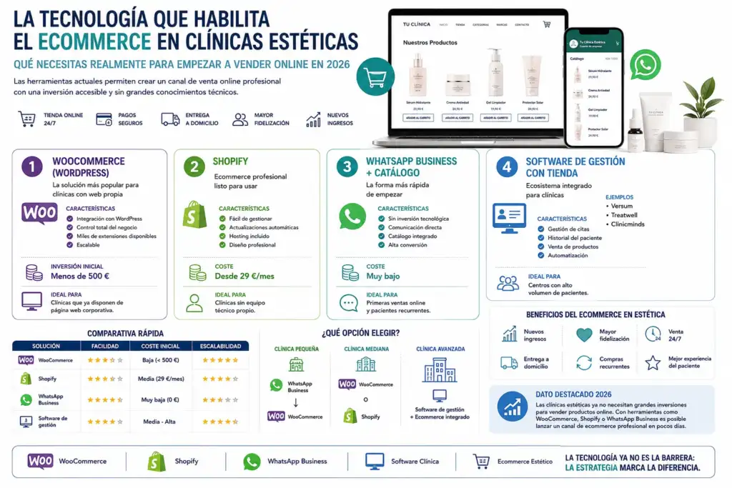 Tecnología para ecommerce en clínicas estéticas: herramientas y plataformas en 2026 Infografía sobre las principales soluciones tecnológicas para implantar un ecommerce en clínicas estéticas: WooCommerce, Shopify, WhatsApp Business y software de gestión con tienda integrada.
