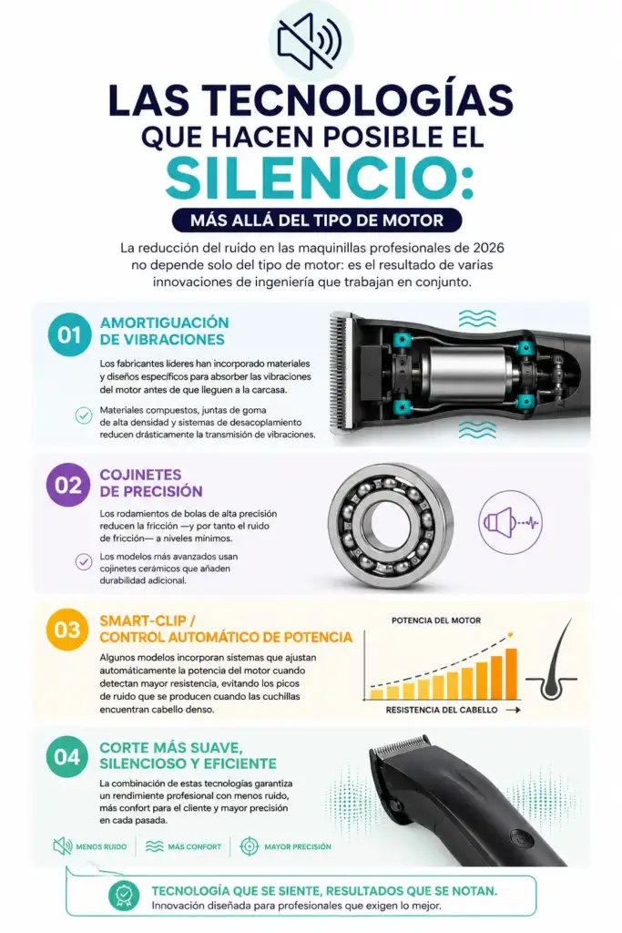 Infografía sobre las tecnologías que reducen el ruido en las maquinillas profesionales, incluyendo amortiguación de vibraciones, cojinetes de precisión y sistemas Smart-Clip de control automático de potencia.