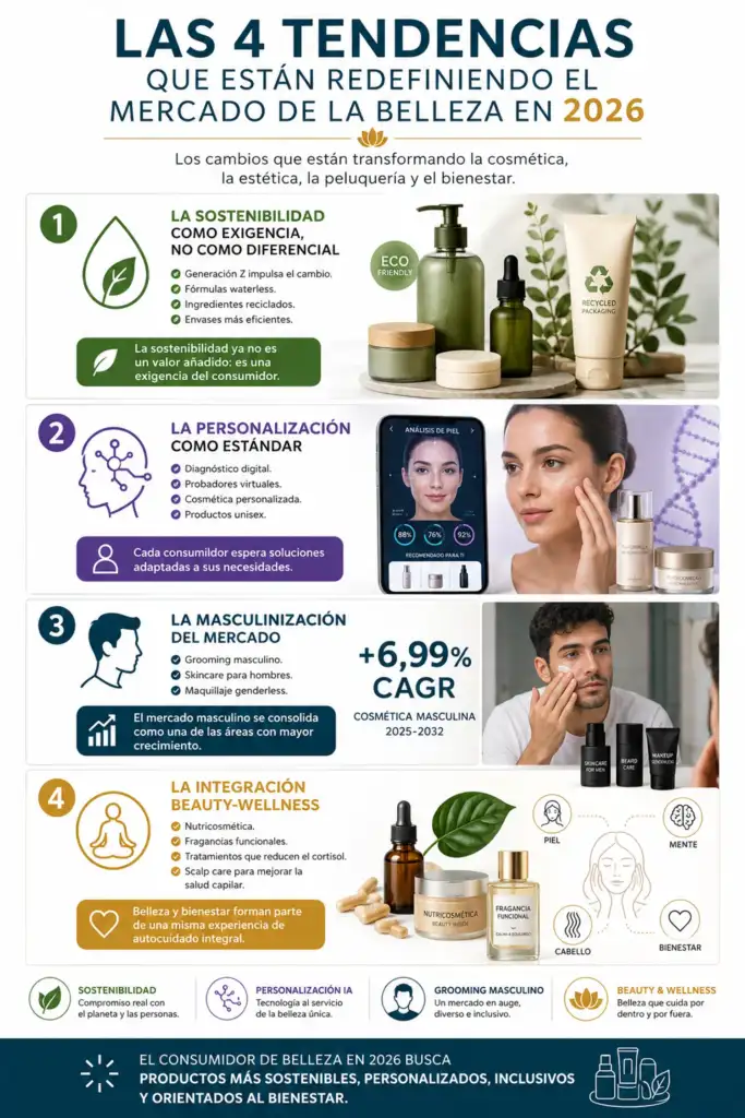 Las 4 tendencias que redefinen el mercado de la belleza en 2026 Infografía sobre las principales tendencias del mercado de la belleza en 2026: sostenibilidad, personalización mediante inteligencia artificial, crecimiento de la cosmética masculina e integración entre belleza y bienestar.