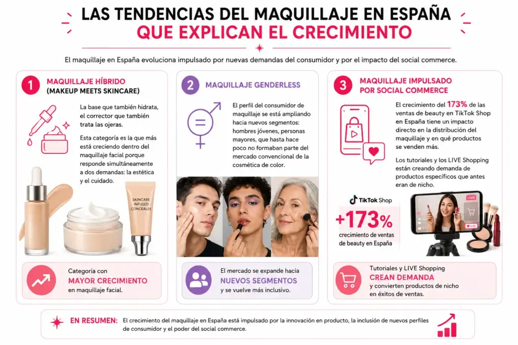 Tendencias del maquillaje en España que impulsan el crecimiento del mercado Infografía sobre las principales tendencias del maquillaje en España, incluyendo maquillaje híbrido, maquillaje genderless y social commerce.