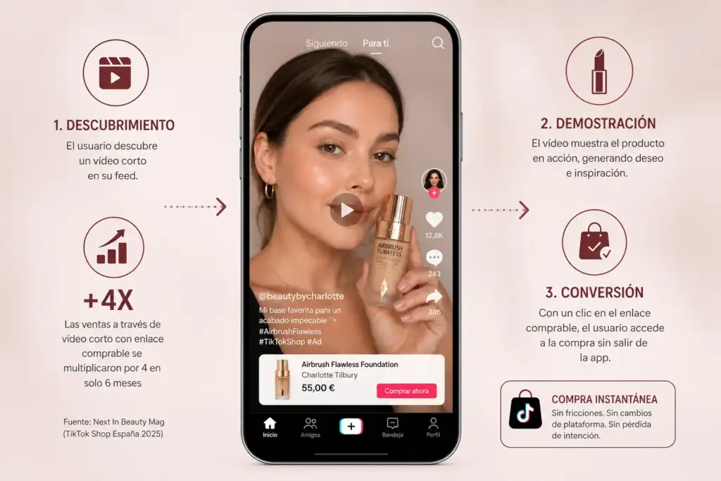 Infografía que muestra el proceso de compra mediante vídeos cortos con enlace comprable en TikTok Shop, desde el descubrimiento del producto hasta la conversión en venta.