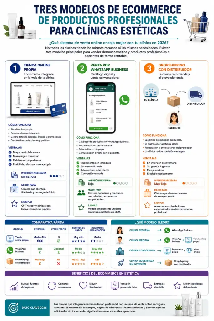 Tres modelos de ecommerce de productos profesionales para clínicas estéticas en 2026 Infografía comparativa sobre los tres modelos de ecommerce para clínicas estéticas: tienda online propia, venta por WhatsApp Business y dropshipping con distribuidor, incluyendo inversión necesaria, ventajas y casos de uso.