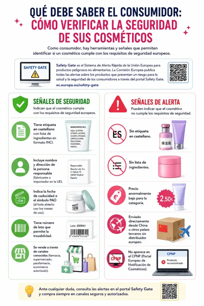 Cómo verificar la seguridad de los cosméticos antes de comprarlos Infografía sobre cómo verificar la seguridad de los cosméticos, mostrando señales de seguridad y señales de alerta que ayudan al consumidor a identificar productos conformes con la normativa europea.