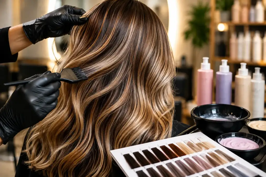 Wella Professionals y la personalización del color capilar profesional Colorista profesional aplicando una coloración personalizada con carta de tonos y cabello multidimensional en un salón de peluquería.