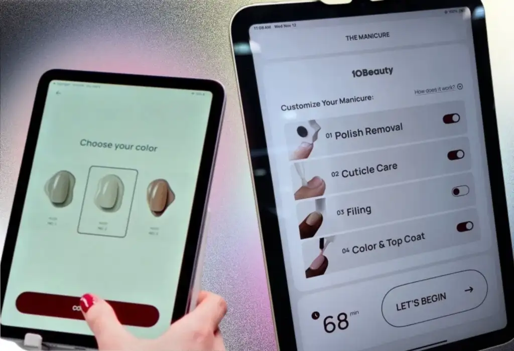 Tablets con la interfaz de 10Beauty que permiten personalizar el color y el proceso de una manicura mediante tecnología digital e inteligencia artificial.