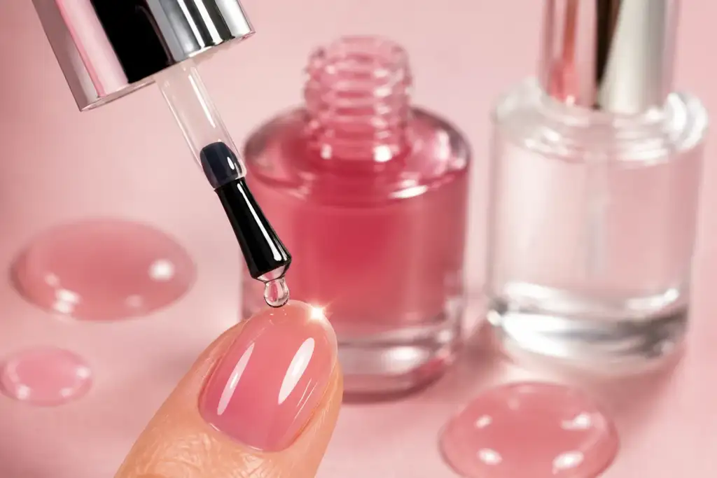 Acabado glossy con top coat para manicura efecto jelly Primer plano de la aplicación de un top coat sobre una uña con acabado glossy translúcido y efecto jelly.