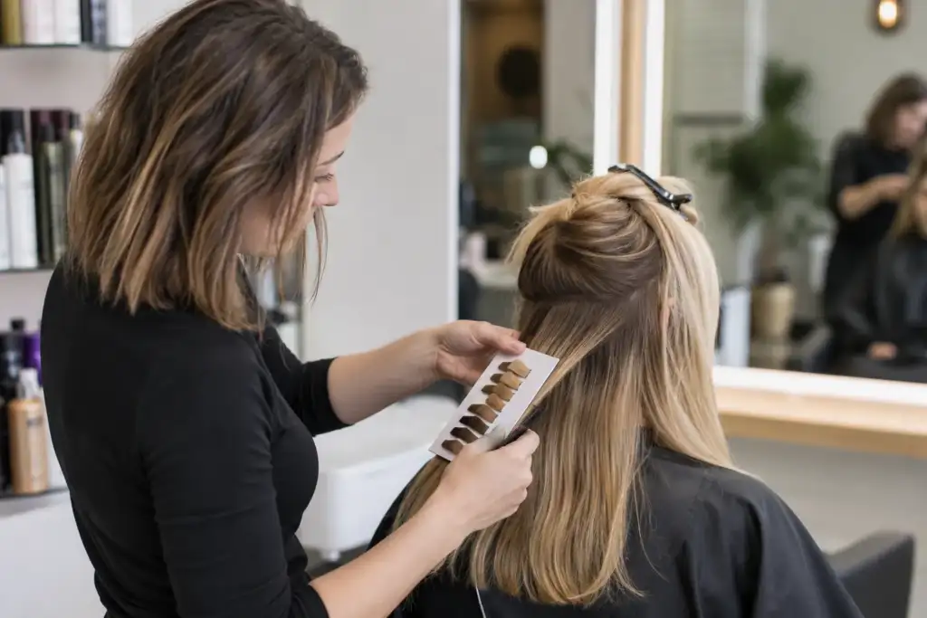 Peluquera asesorando a una clienta mediante una carta de color para recomendar el tratamiento capilar más adecuado en un salón profesional.