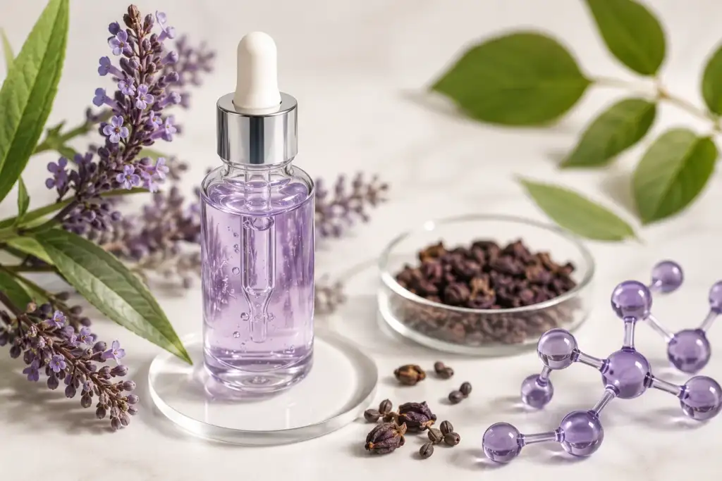 Bakuchiol: el activo cosmético inspirado en la naturaleza que desafía al retinol Frasco de sérum con bakuchiol rodeado de hojas, flores de babchi y representación molecular sobre un fondo claro y minimalista.