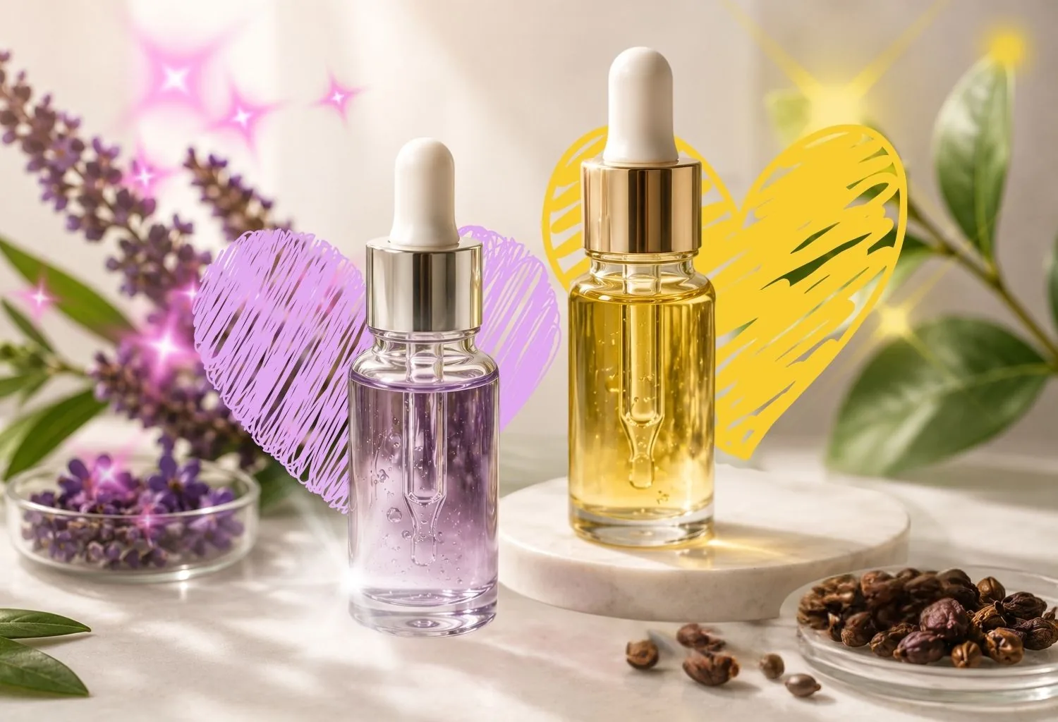 Dos sérums cosméticos inspirados en retinal y bakuchiol junto a elementos botánicos sobre un fondo claro y luminoso.
